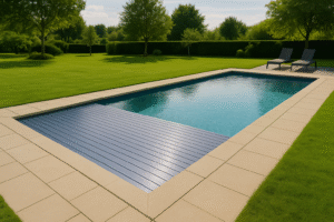 Piscine design équipée d’un rideau piscine gris foncé, intégrée dans un jardin moderne avec pelouse et terrasse en bois